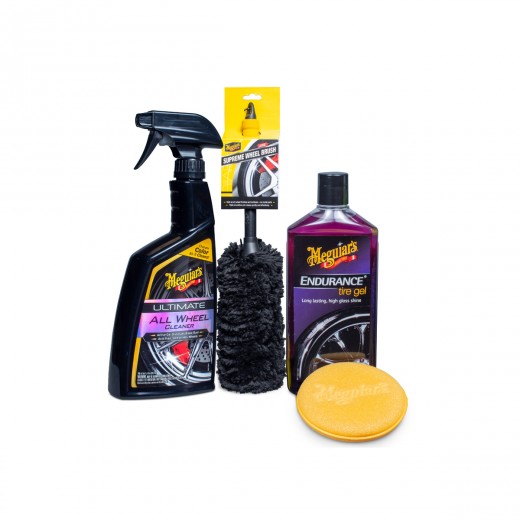 Un set complet de produse cosmetice auto pentru spălarea și protejarea roților și anvelopelor Meguiar's Wheel & Tire Kit