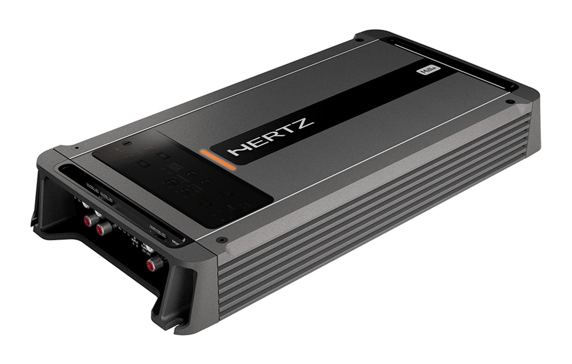 Zesilovač Hertz HCP 4 v černé barvě, umístěný na stolním podstavci